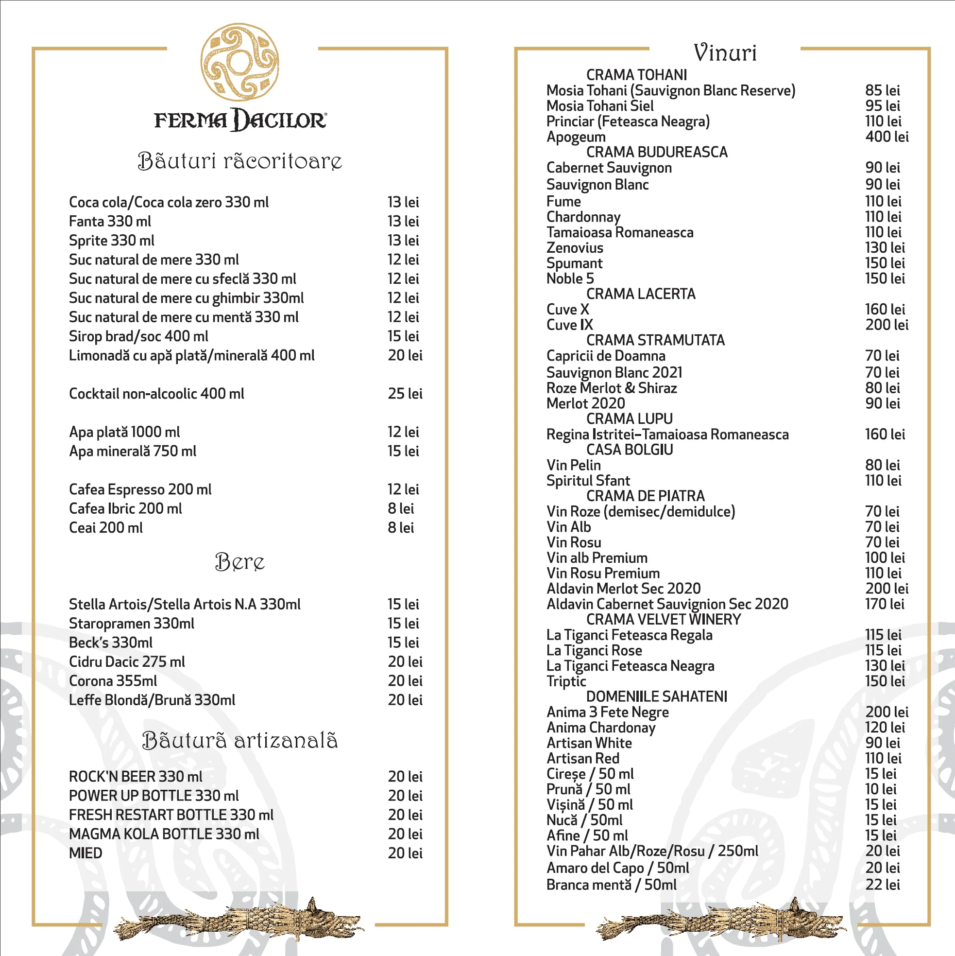 ferma dacilor meniu bauturi